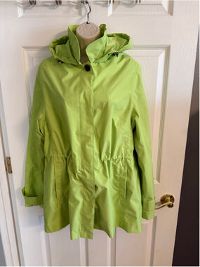 Lands' End Lime Green Rain Jacket Polka Dot Lining Size L/P Petite 14-16